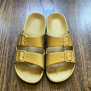 Gold Two-Strap Sandals with Adjustable Buckles